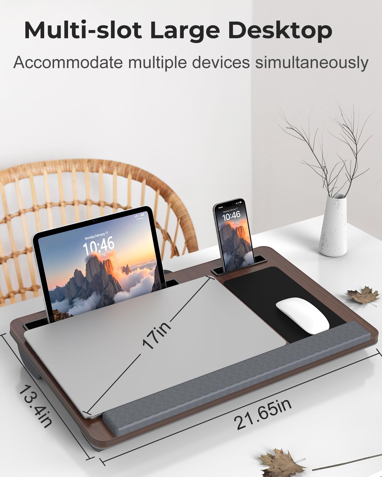 Potuopy Lap Desk - Up to 17” Laptop Tray with Wrist Rest, Portable Handle, Fixed Mouse Pad, Tablet & Phone Slots, Laptop Lap Desk with Cushion (Dark Brown)