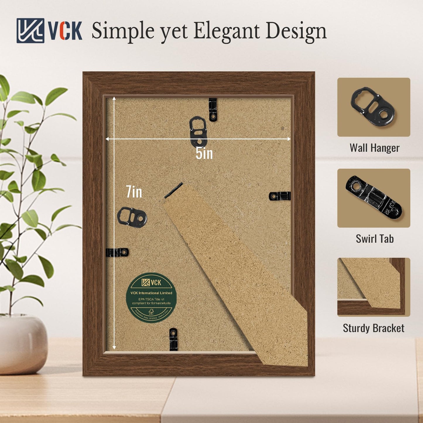VCK 5x7 Picture Frame with Glass - 4 Pack, Display Pictures 4x6 with Mat or 5 x 7 without Mat - Wall and Tabletop, 5 by 7 Photo Brown Wooden Frames