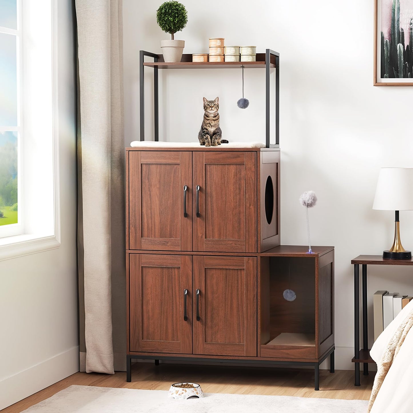 HOOBRO Litter Box Enclosure, Litter Box Furniture with Storage, 2-in-1 Hidden Cat Furniture with Shelf, 2 Dangling Plush Balls and 1 Toy Ball, Large Wooden Cat Washroom, Walnut WL78MW01
