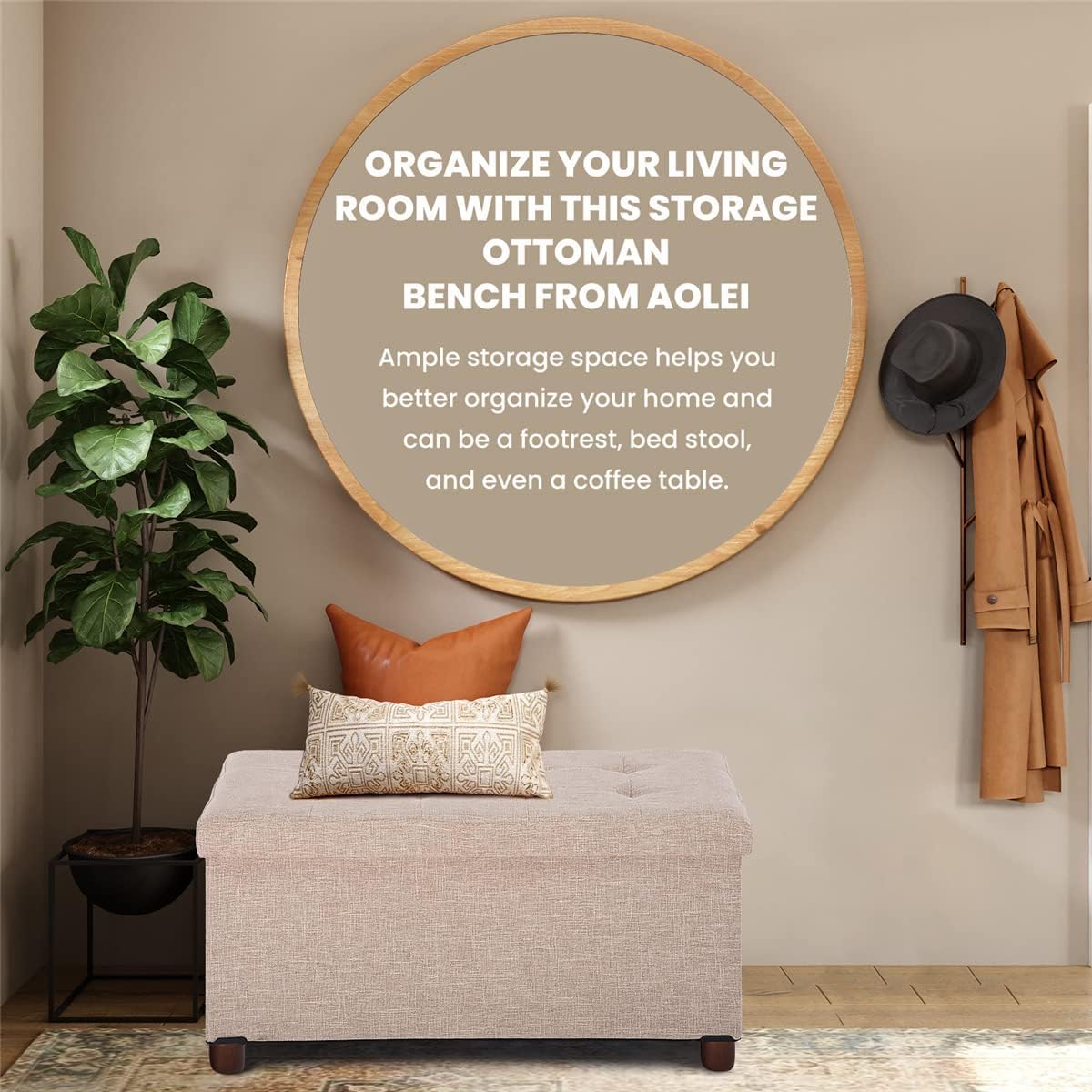 Ao Lei 30 Inches Storage Ottoman Bench, Storage Bench with Wooden Legs for Living Room Ottoman Foot Rest Removeable Lid for Bedroom End of Bed, Linen Fabric, Folding Beige Ottoman
