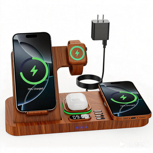 Dual Phone Wireless Charging Station for Apple Devices, Magnetic Charging Station for iPhone with Auto Switch 7-Color Light&Clock, Family Watch Charger for iPhone17 for iWatch11 for AirPods Pro3(Wood)