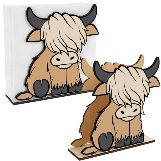 FYSUIMU 2 Pcs Wooden Highland Cow Napkin Holder Standing Brown Wooden Paper Holder Napkin Tissue Dispenser for Dining Room Cocktail Kitchen Table Countertop Decor