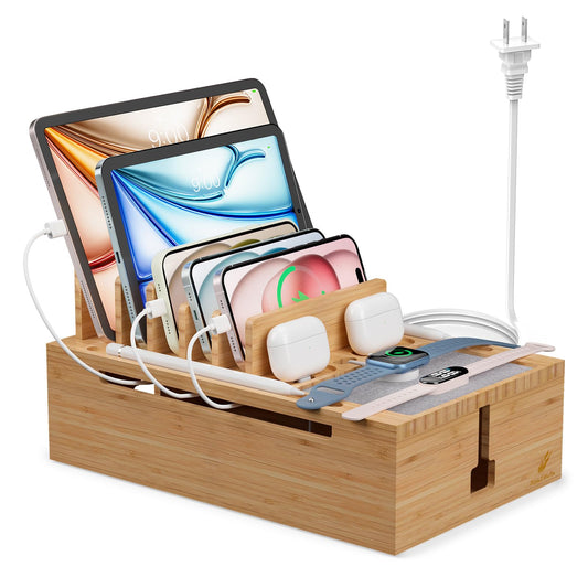 Pezin & Hulin Bamboo Charging Station for Multiple Devices, USB Charger Dock Organizer, with Power Supply (10 Ports HUB), 6 Cables, Cable Management Organizer for Cell Phones, Tablets -Natural Color