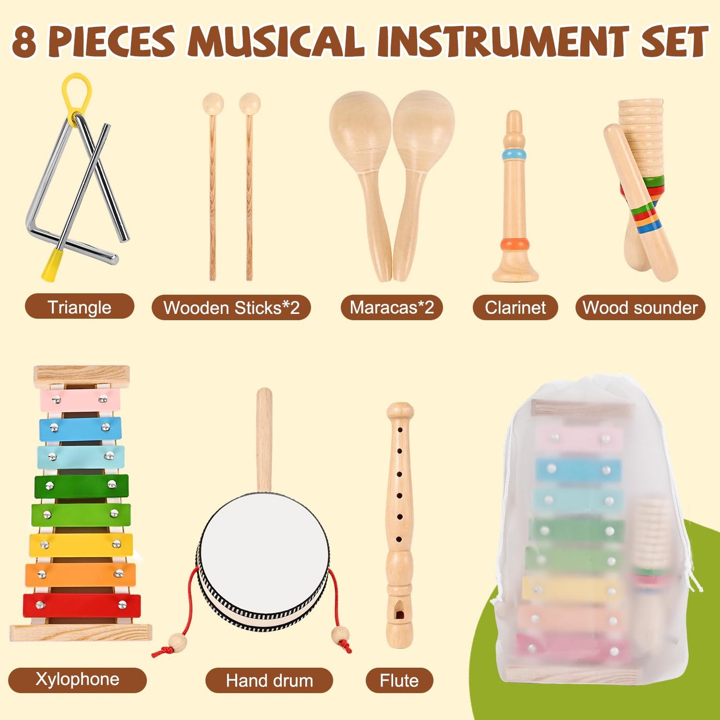 Baby Musical Instruments Montessori Wooden Musical Toys, Toddler Percussion Instruments Xylophone Maracas Hand Drum for Toddlers