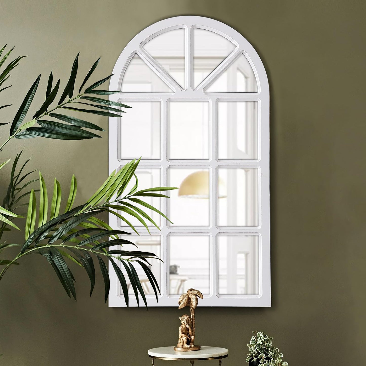 Sintosin Rustic Arched Window Pane Mirror 20 X 36 Inch, Hanging Distressed White Window Mirrors for Wall Decor, Farmhouse Cathedral Wooden Wall Mirror for Living Room Bedroom Fireplace Hallway