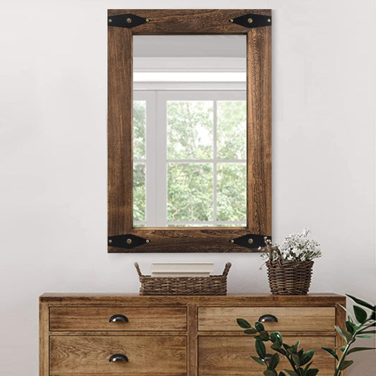 Rustic Wooden Framed Wall Mirror for Bathroom, Farmhouse Decorative Natural Wood Vanity Mirror, Wall Mounted Rectangular Mirror for Bedroom Living Room, Vertical or Horizontal Hanging, 26x40 Inches