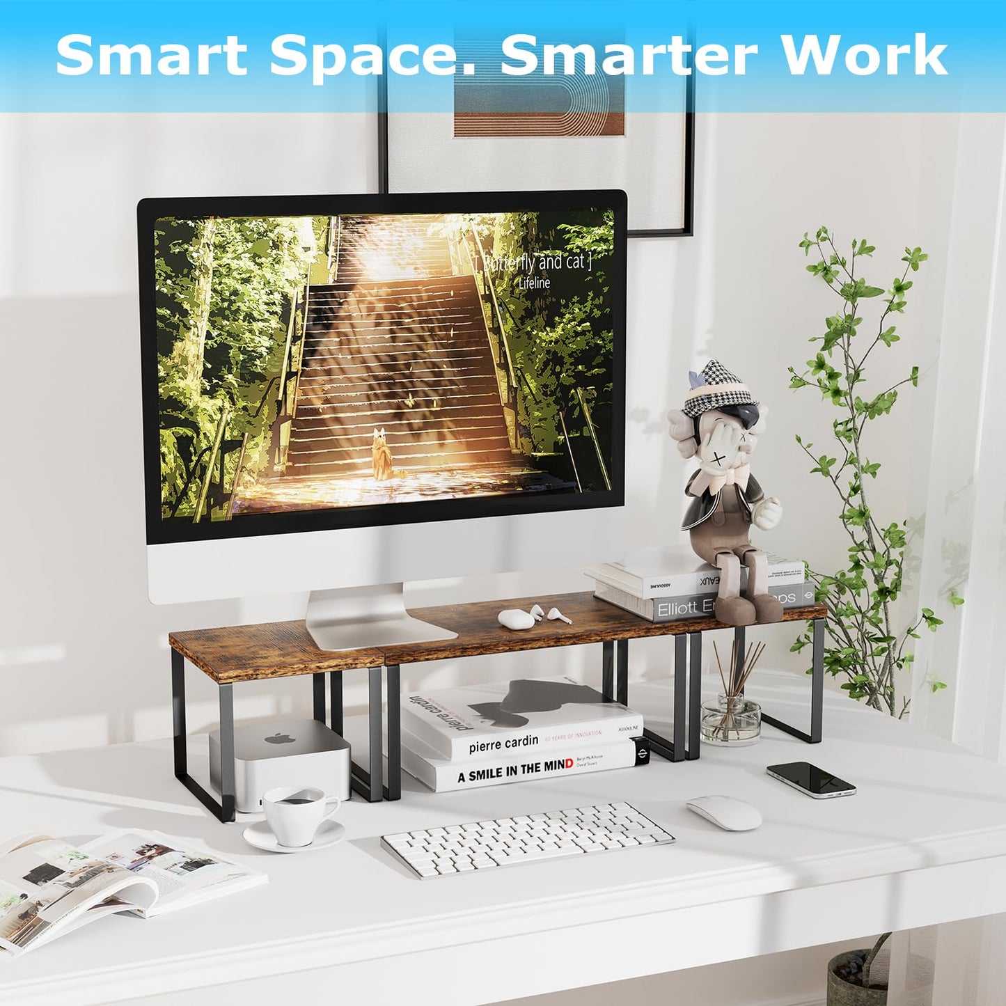 Aothia Wood Desktop Shelf for Top of Desk - 2-Tier Adjustable Bookshelf Organizer, Freestanding Stackable Shelves for Office, Home, Kitchen Counter (Rustic Brown)