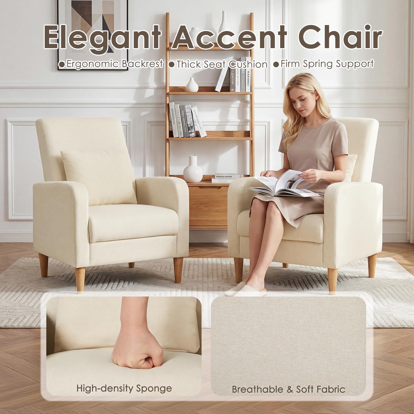 COLAMY Mid-Century Modern Upholstered Accent Chair with Back Pillow & Solid Wood Legs, Fabric Cozy Armchair for Living Room, Bedroom, Reading Nook, Apartment & Small Spaces, Beige