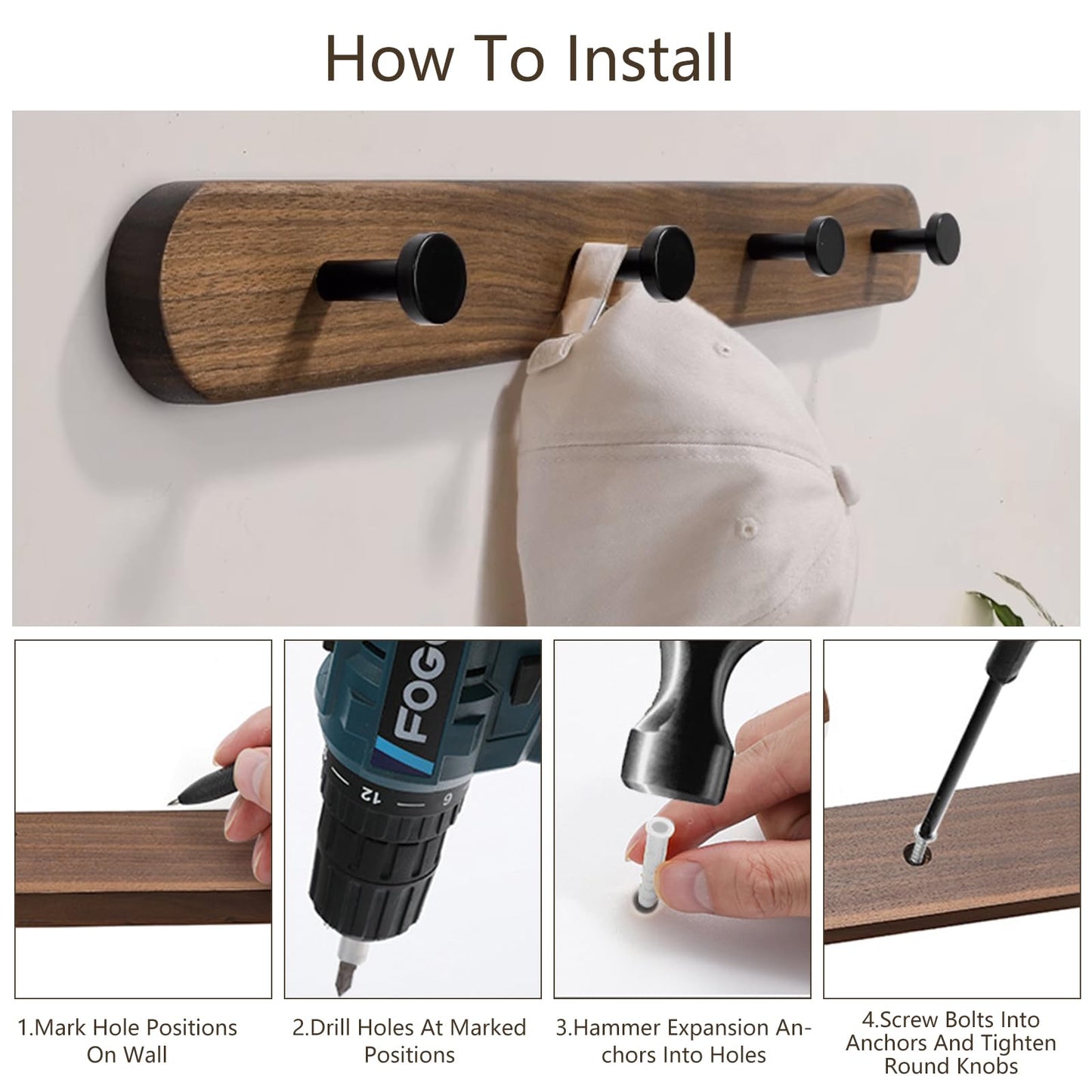 Beciway 15.7 Inch Walnut Wood Wall Mounted Coat Rack with 4 Black Hooks – Modern Wooden Hook Rail for Entryway, Bathroom, Bedroom, Kitchen – Wall Hook for Coats, Hats, Bags, Keys, Towels, Jackets