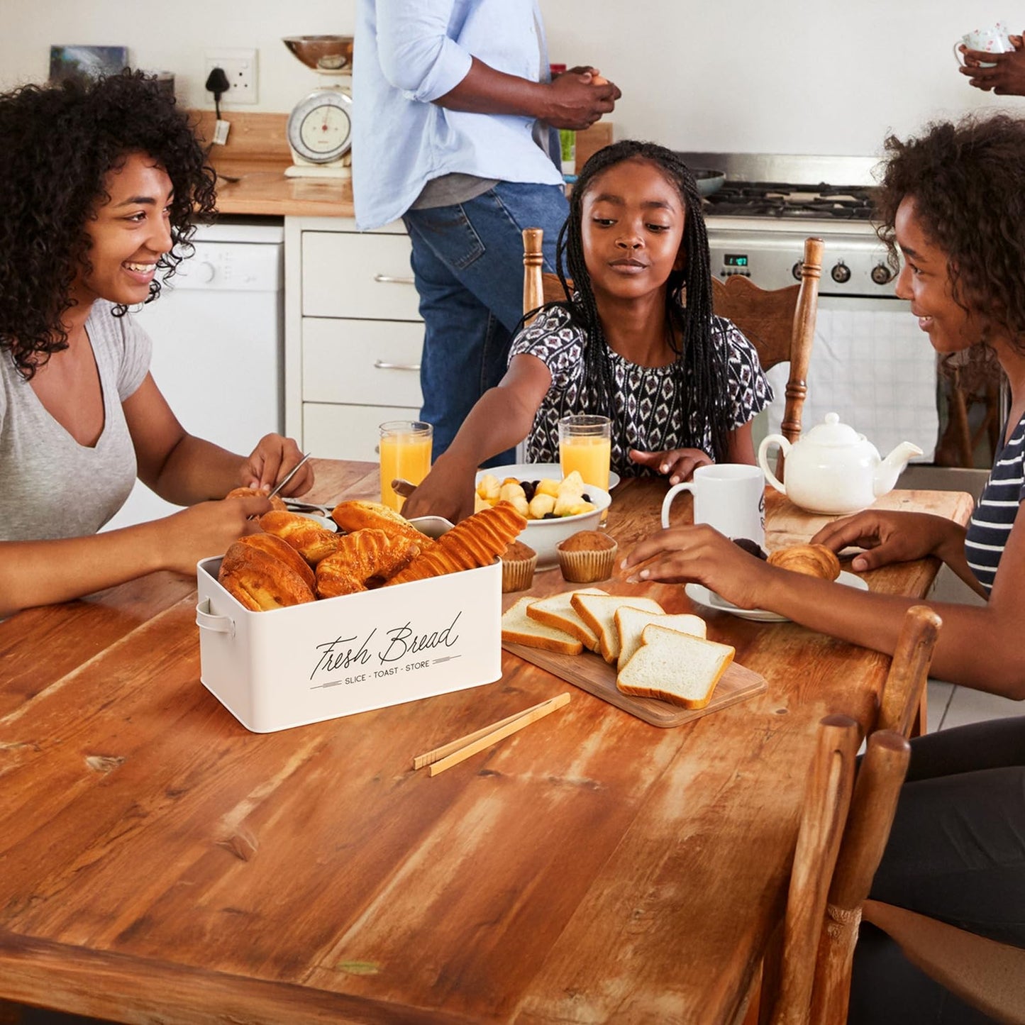 Talented Kitchen Countertop Bread Box - White Metal, Airtight Storage Container with Wood Cutting Board Lid & Side Handles - Wood Tongs Included - Bread Storage Container for Kitchen Organization