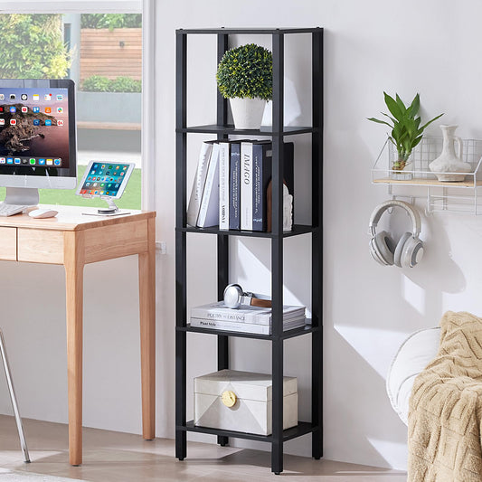 YUFAM 54in Tall Bookshelf 5-Tier Small Narrow Bookcase, Skinny Book Shelf for Small Space, Farmhouse Slim Shelf with Storage, Wood Freestanding Display Thin Bookshelves for Living Room, Office, Black