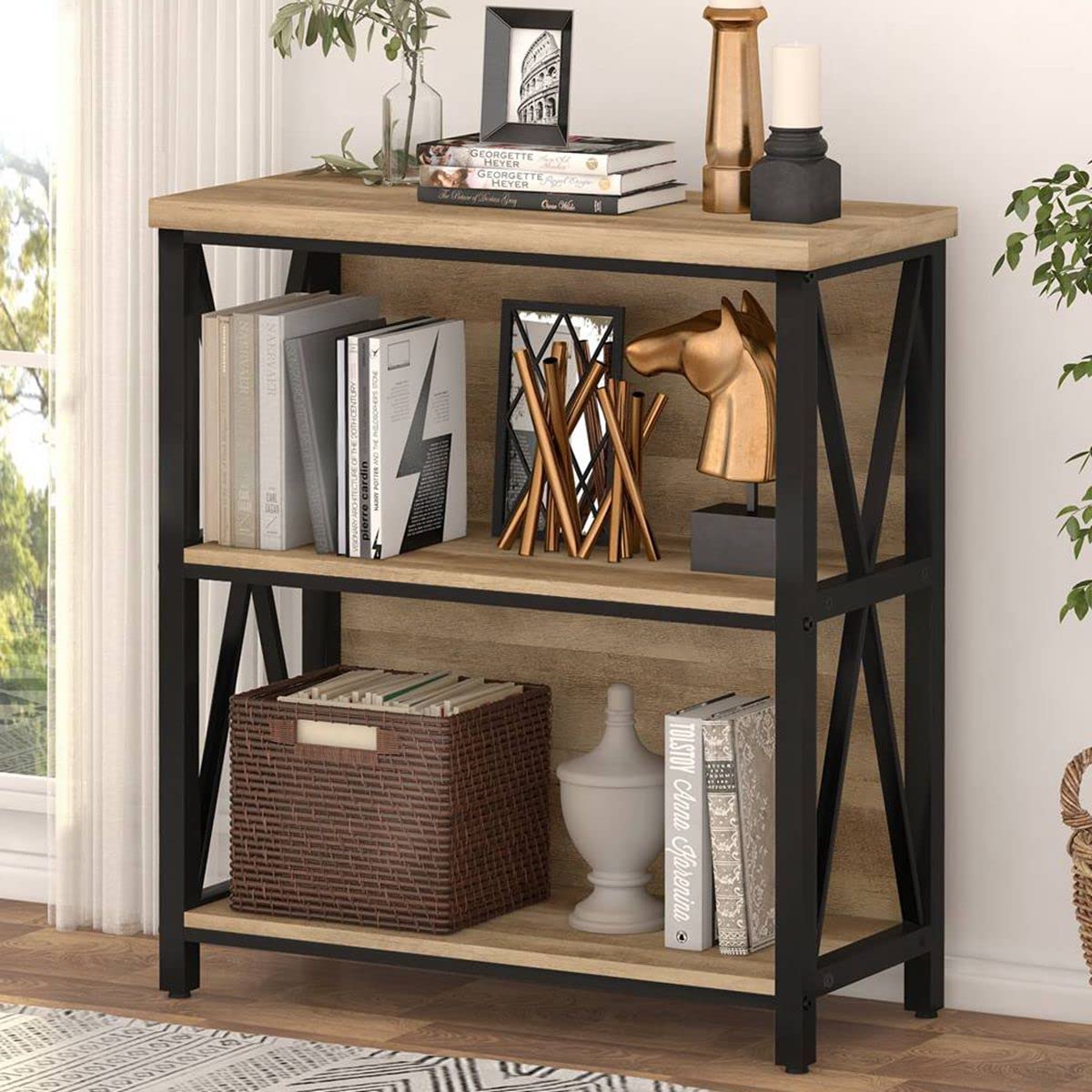 FATORRI Industrial 2 Shelf Bookshelf and Shoe Bench for Entryway (Rustic Oak)