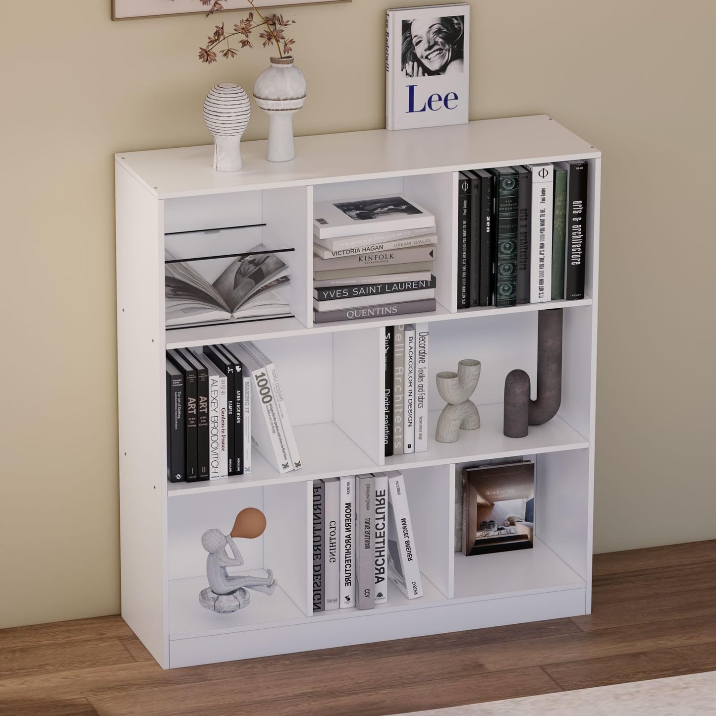 NewBeth 8-Cube Wooden Bookcase,3-Tier Freestanding Storage Cubes with Base,Multi-Purpose Open Shelving for Books,Toys,Bins,Decor – Home Office,Bedroom,Living Room Organizer (White, 8-Cube)