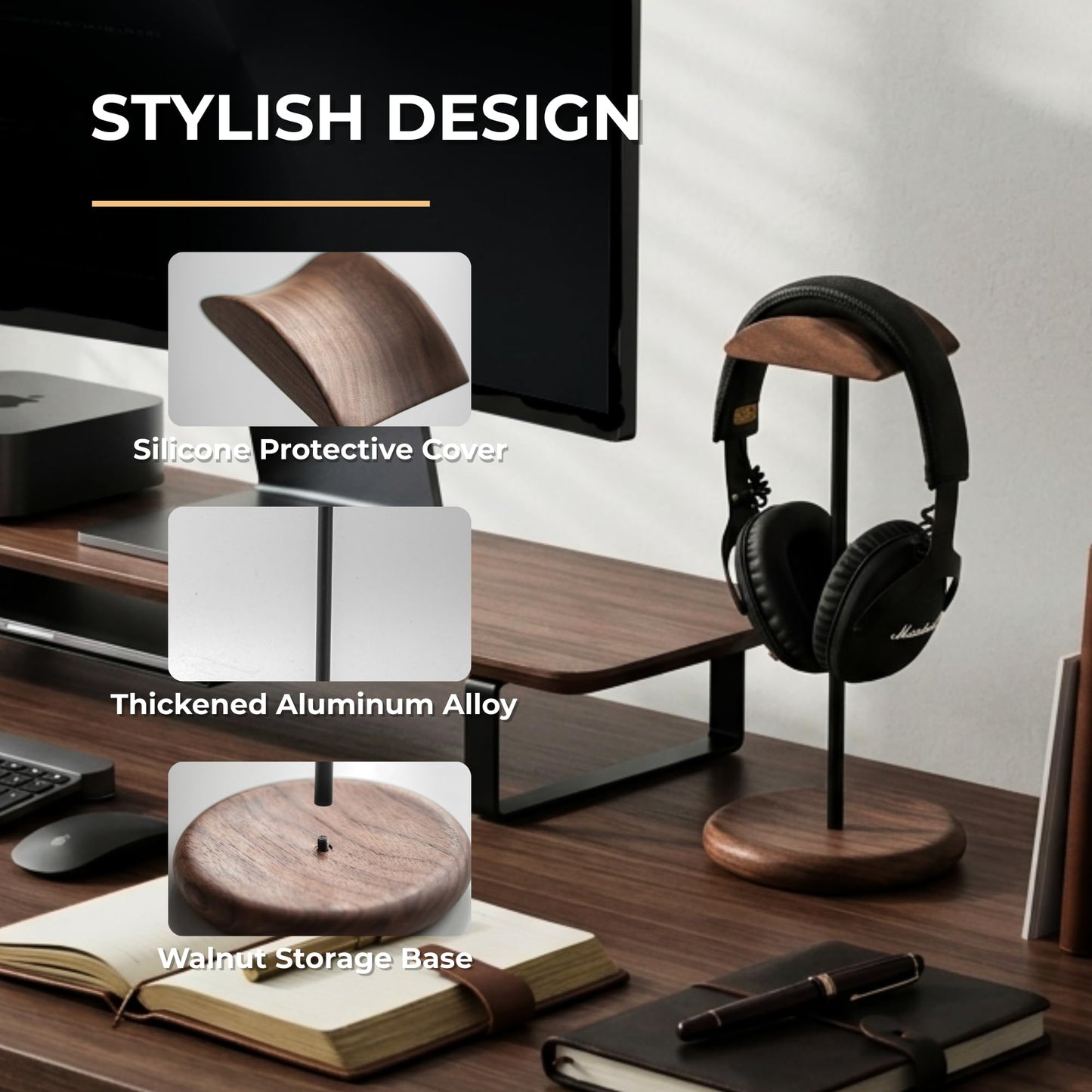 muso wood Walnut Wood & Aluminum Headset Stand, Desktop Headphone Stand, Headset Holder with Anti-slip Pad, Headphone Holder with Storage Base for Most Gaming Music Headsets
