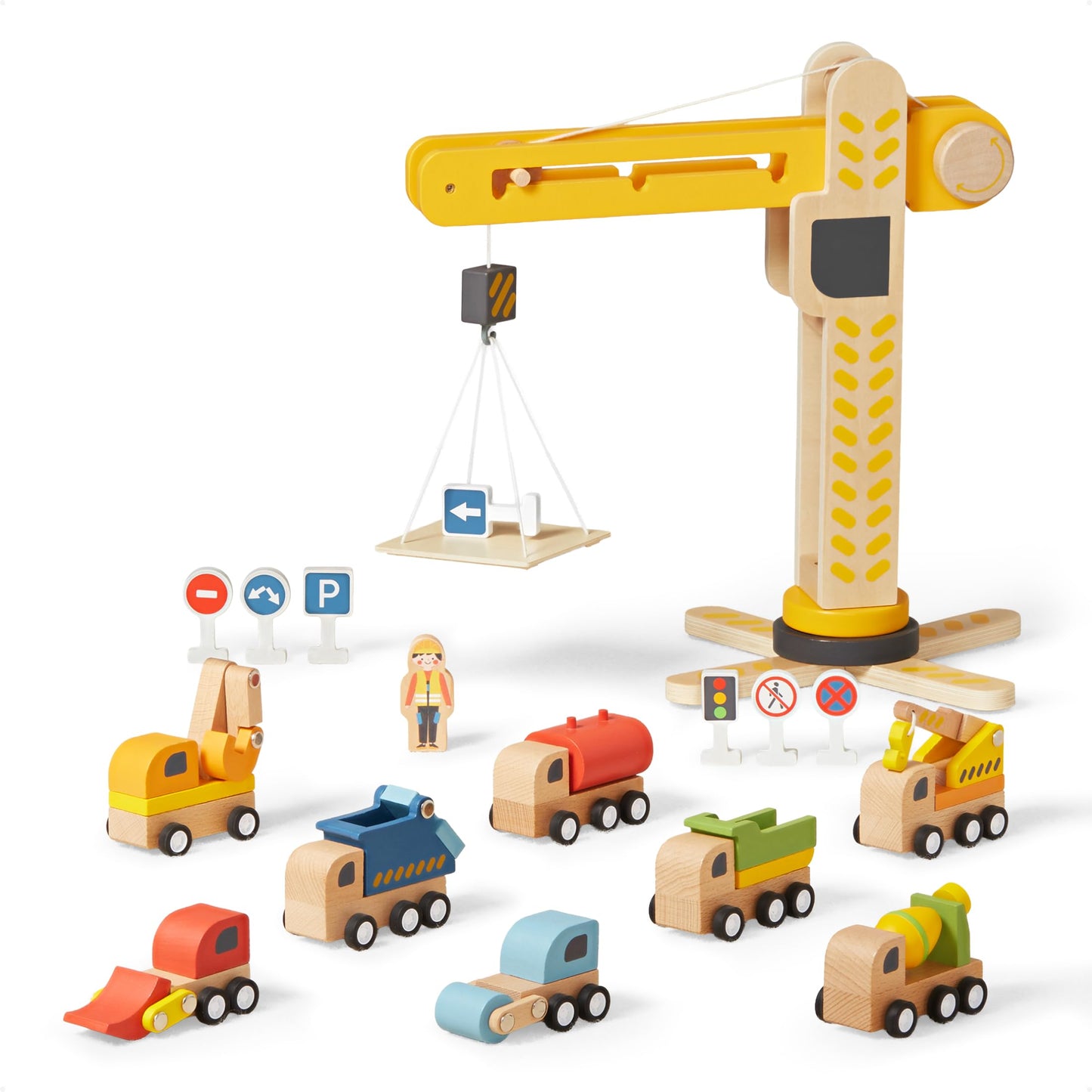 JERIDOO Interactive Wooden Construction Toy Crane, Rotating Base, Lifting Hook, with Vehicles, Excavator, Cement Mixer and Road Signs, 18-Piece Set for Toddlers 3-6, 8, Non-Toxic Wood, Parent-Designed