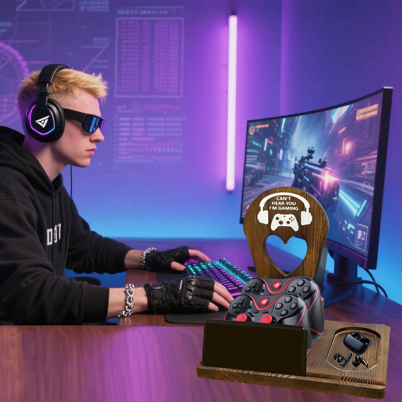 ZHYEED Wooden Headset Stand with Controller Holder - Multi-Functional Gaming Organizer for Desk, Detachable Design w/Phone Slot - Perfect Gamer Gift for Men, Dad, Graduation