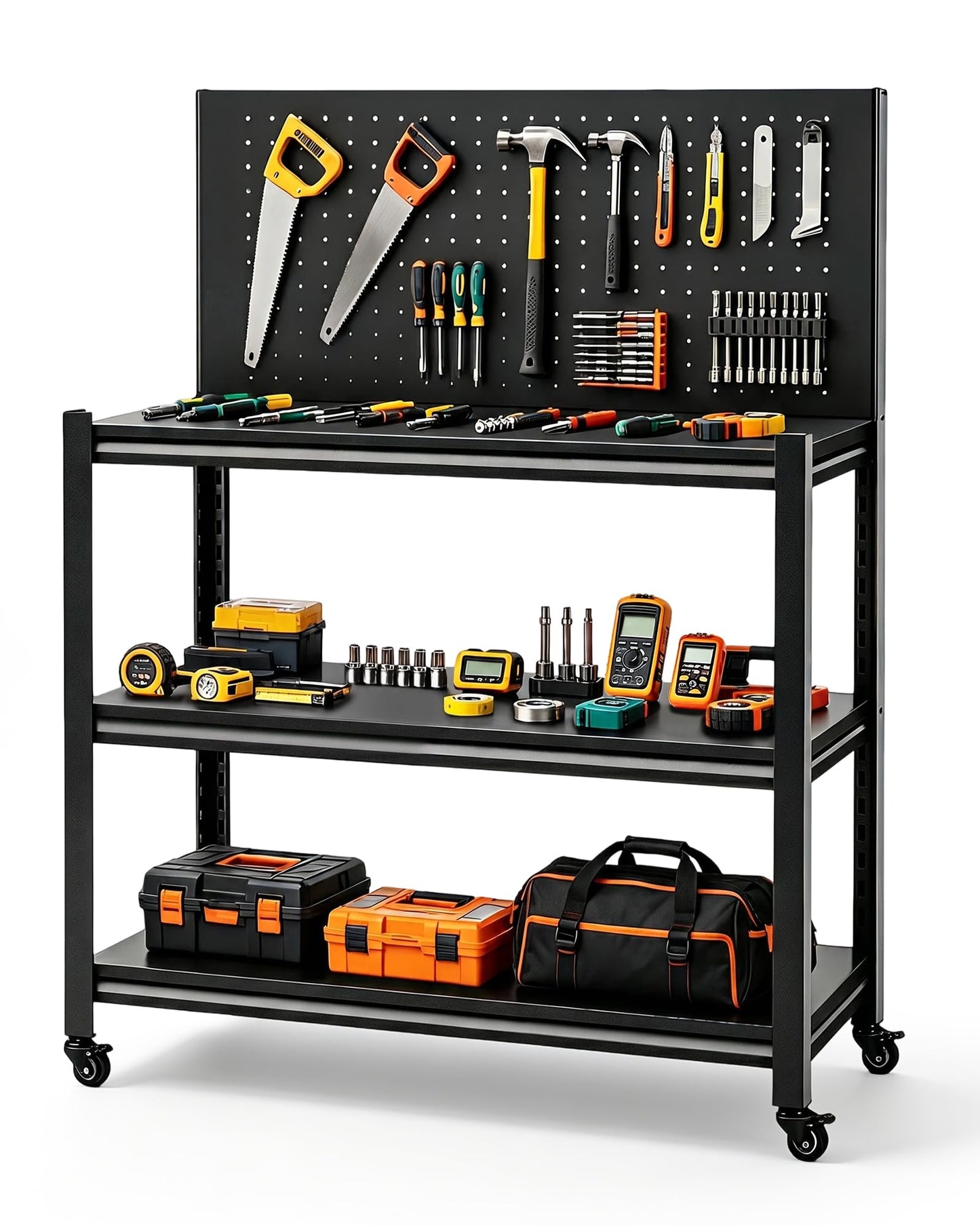 Pterying 52" Rolling Work Table, Adjustable Height Workbench with Lockable Wheels, Pegboard, Heavy Duty Mobile Work Bench for Garage, Tool Workshop, Woodworking and Mechanics
