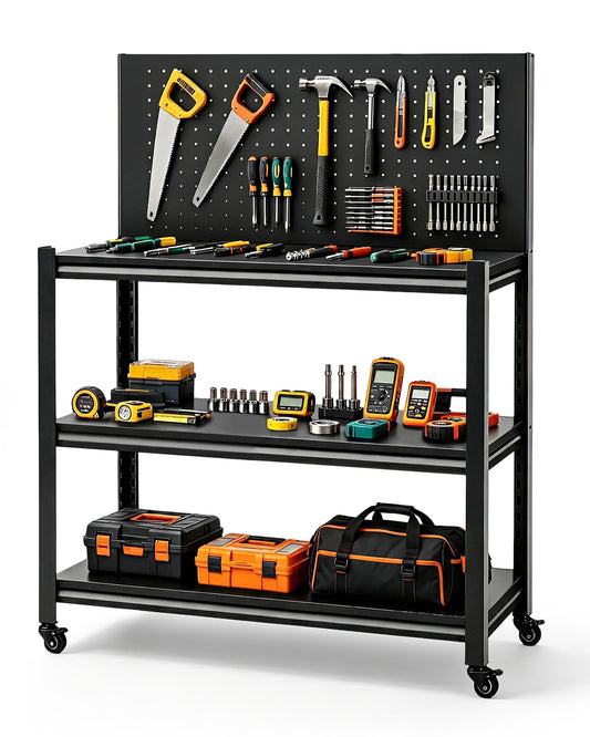 Pterying 52" Rolling Work Table, Adjustable Height Workbench with Lockable Wheels, Pegboard, Heavy Duty Mobile Work Bench for Garage, Tool Workshop, Woodworking and Mechanics