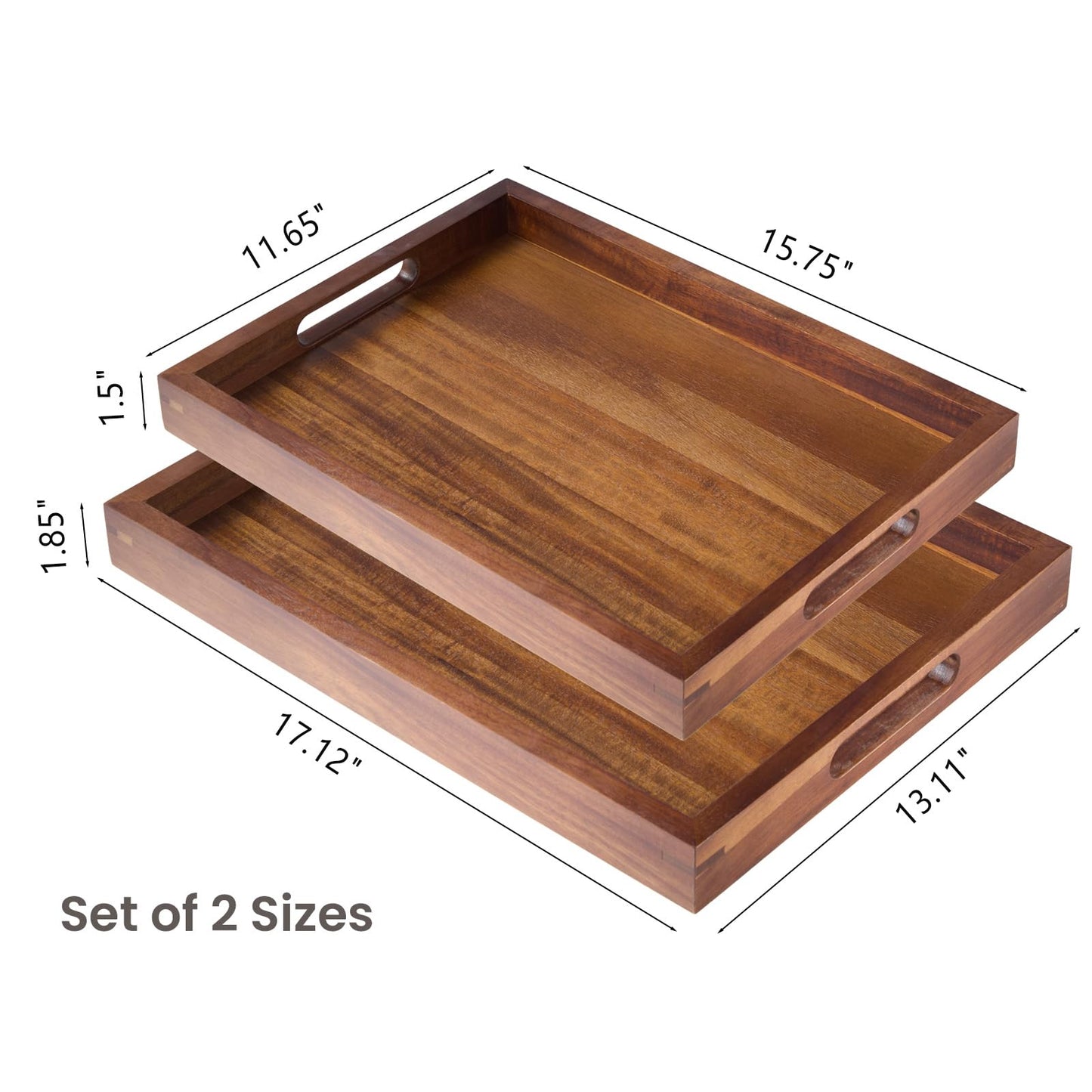 Acacia Wood Serving Trays Set of 2, 17x13 & 16x12 inch Rectangular Ottoman Trays, Decorative Wooden Trays with Handles for Food, Coffee, Tea, Living Room, Kitchen(2 Pack, Brown, 17"+16")