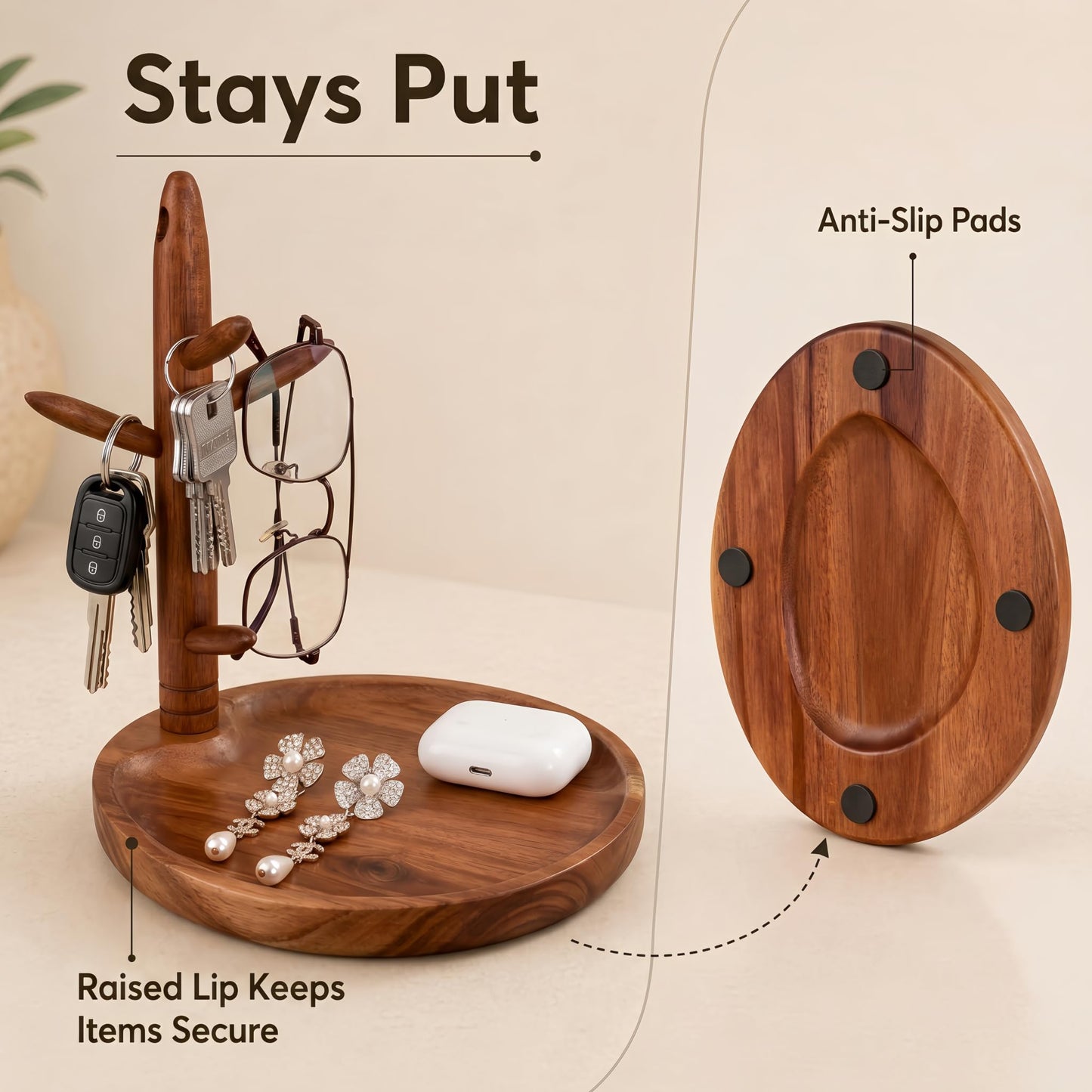 LEASUR Solid Acacia Key Tray for Entryway Table, Key Holder with 5 Hooks and Catchall Tray, Organizer for Wallet, Watch, Jewelry, Dresser Nightstand Room Decor Gift