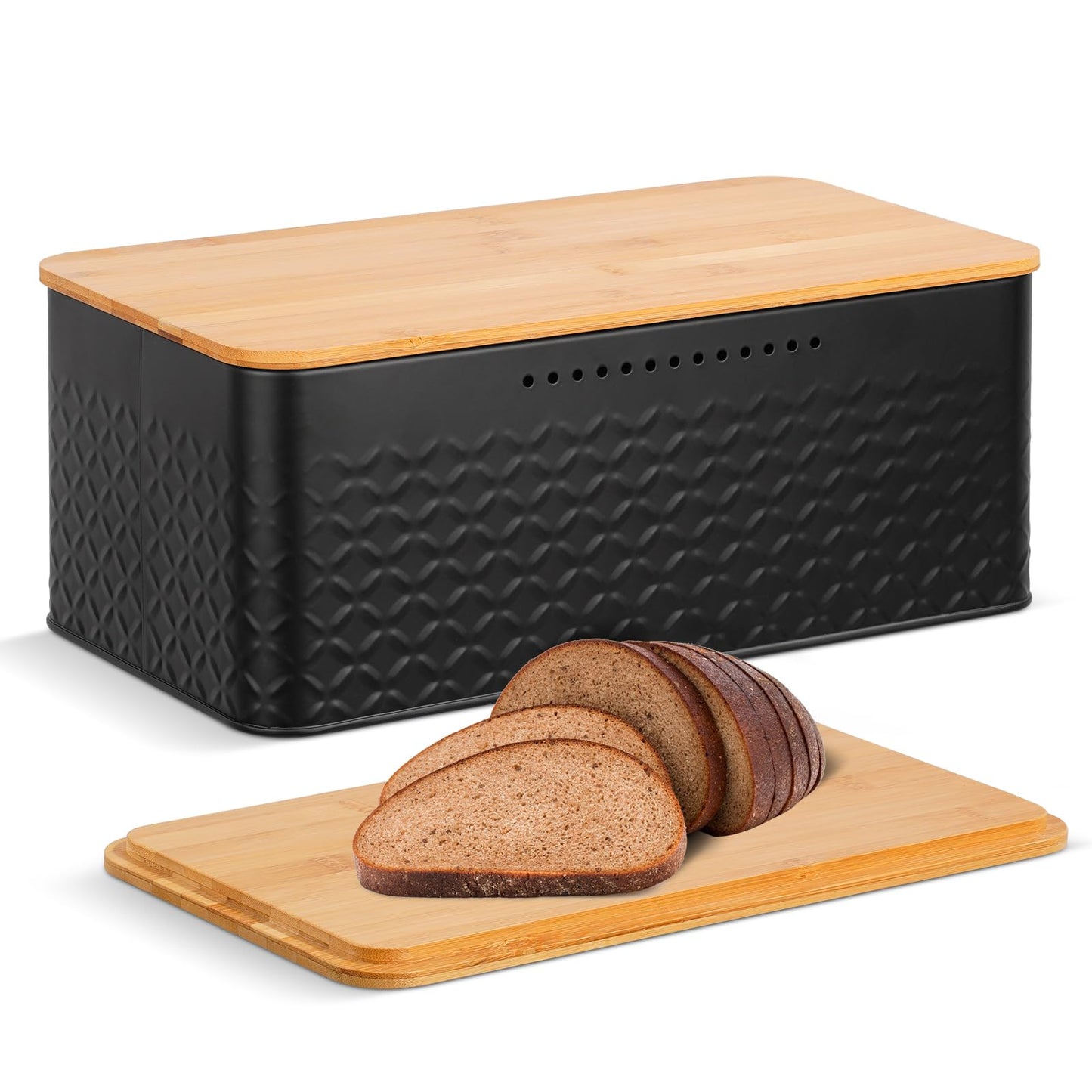 Hossejoy Metal Bread Box with Bamboo Cutting Board Lid, Bread Storage Container for Kitchen Countertop, Modern Bread Bin Holder Breadbox, Kitchen Decor Organizer (Black)