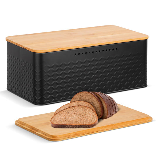 Hossejoy Metal Bread Box with Bamboo Cutting Board Lid, Bread Storage Container for Kitchen Countertop, Modern Bread Bin Holder Breadbox, Kitchen Decor Organizer (Black)
