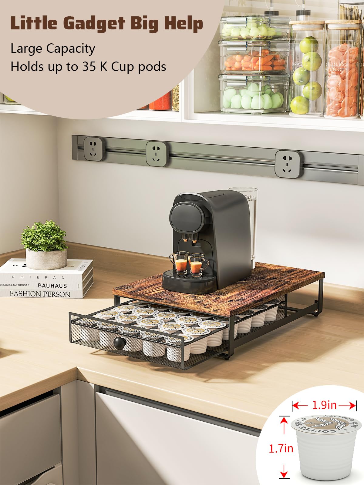Sedegn Coffee Pod Holder Counter Coffee Vertuo Capsules Storage Organizer with Sliding Drawer Compatible For 35 K-Cup Pods No Assembly Needed Rustic Brown