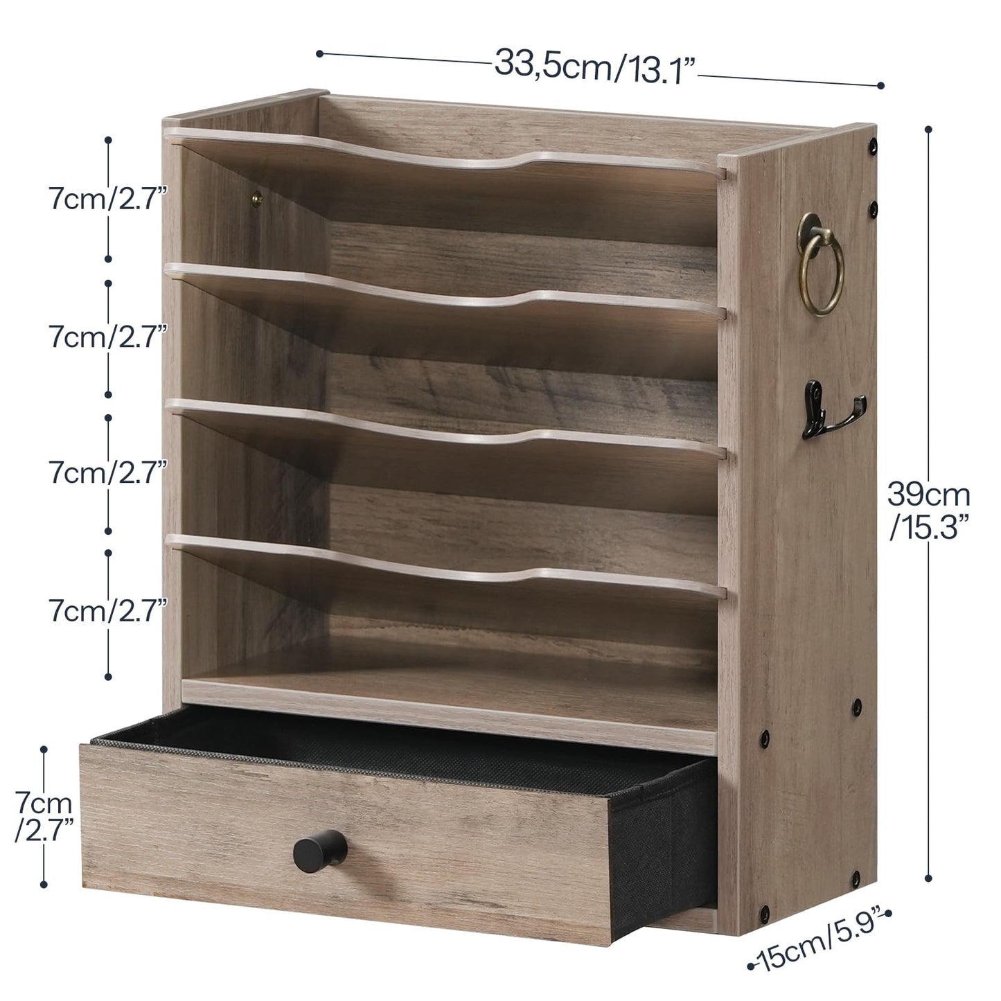 HOOBRO Wall File Organizer, Mail Organizer Wall Mounted, Wooden Mail Sorter, Construction Paper Holder with Drawer Storage and 2 Hooks, for Office, Classroom, Home, Greige BG14WF01