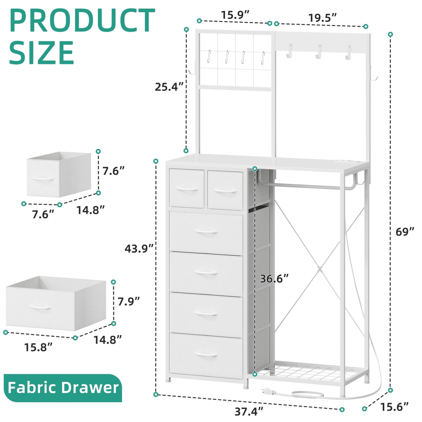 YAOHUOO Dresser with Hanging Rack, 6 Drawers Dresser with Charging Station, LED Light, Clothes Rack, Shoe Racks and Side Hooks for Entryway, Bedroom, White