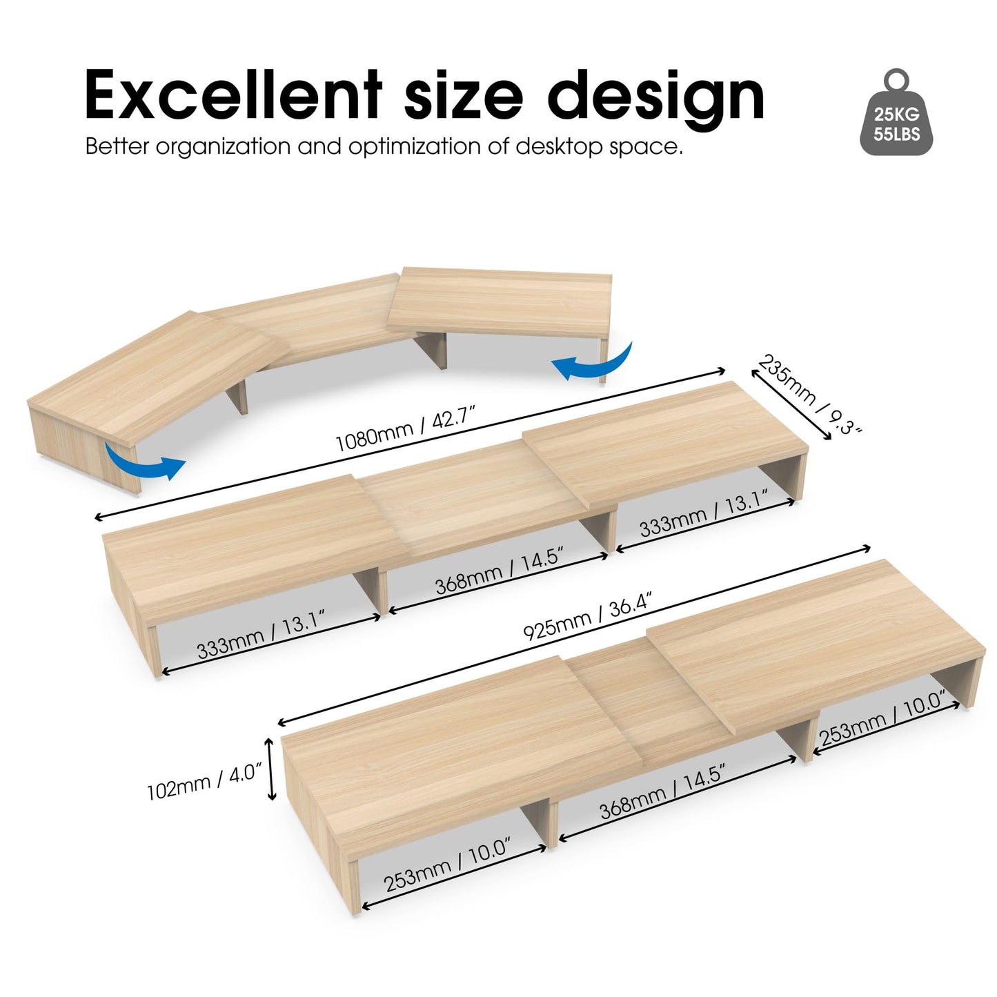 FITUEYES Dual Monitor Stand – 3 Shelf Computer Monitor Riser, Wood Desktop Stand with Adjustable Length and Angle, Desk Accessories, Office Supplies Medium Oak, DT108006WO