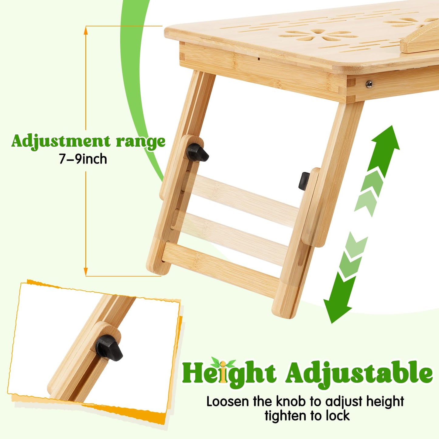 Bamboo Laptop Desk, Adjustable Foldable Bed Tray Table for Bed, Sofa, and Floor, Portable Lap Desk with Tilting Top & Drawer for Writing, Reading, Breakfast, Drawing, and Working