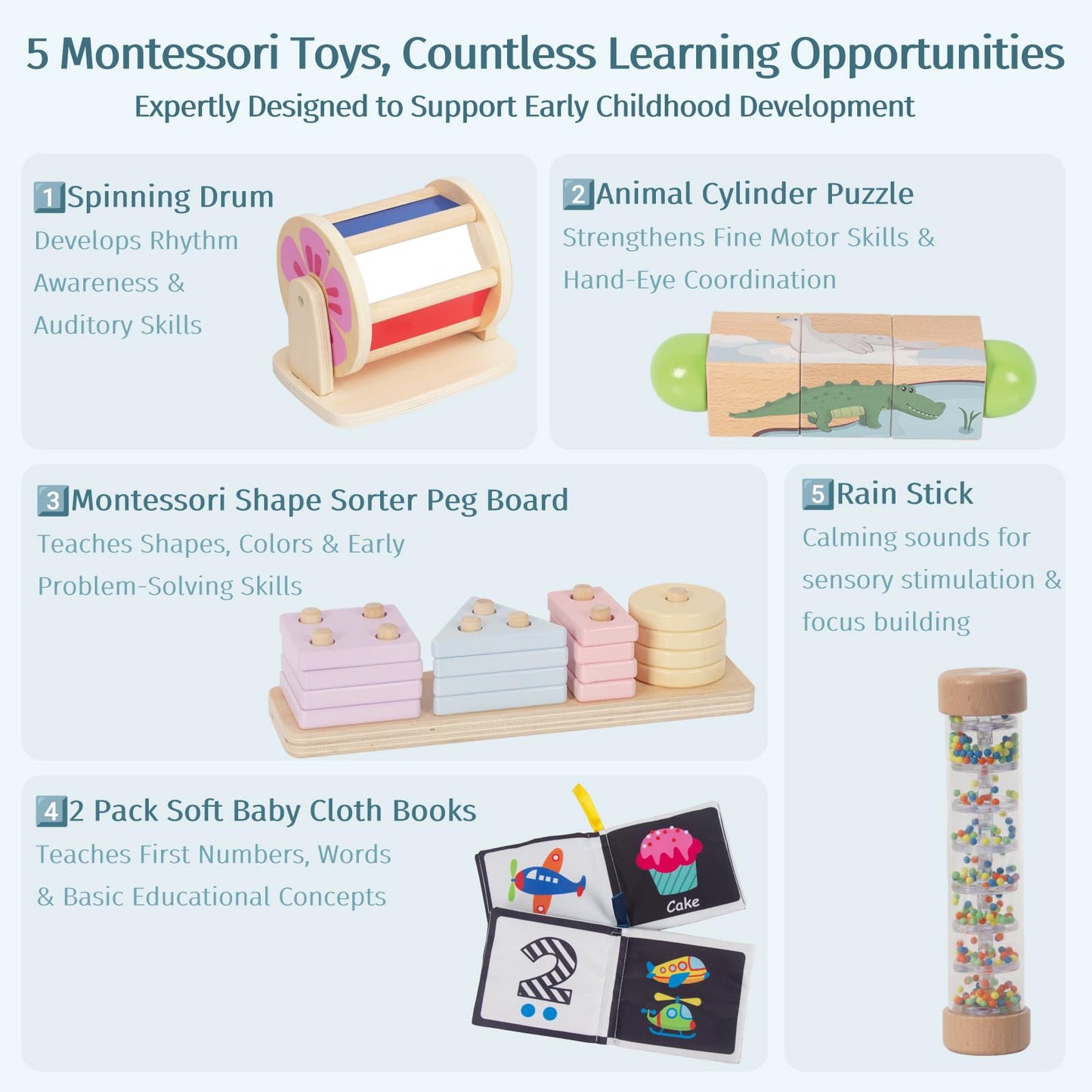 Montessori Baby Toys Play Kit, Wooden Newborn Learning Set Mirror Spinning Drum, Rain Stick, Soft Cloth Books, Shape Sorter, Baby Roller - Christmas Birthday Gift for Toddlers
