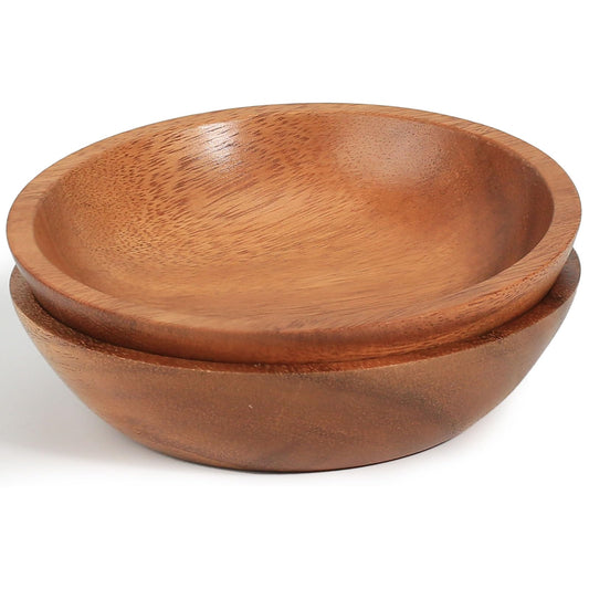 MeowAroma Acacia Wood Serving Bowls, 6 Inch Handcrafted Wooden Individual Bowls Set of 2 for Food/Soup/Salad/Pasta, Use as Snack Holder Plate for Kitchen and Dining
