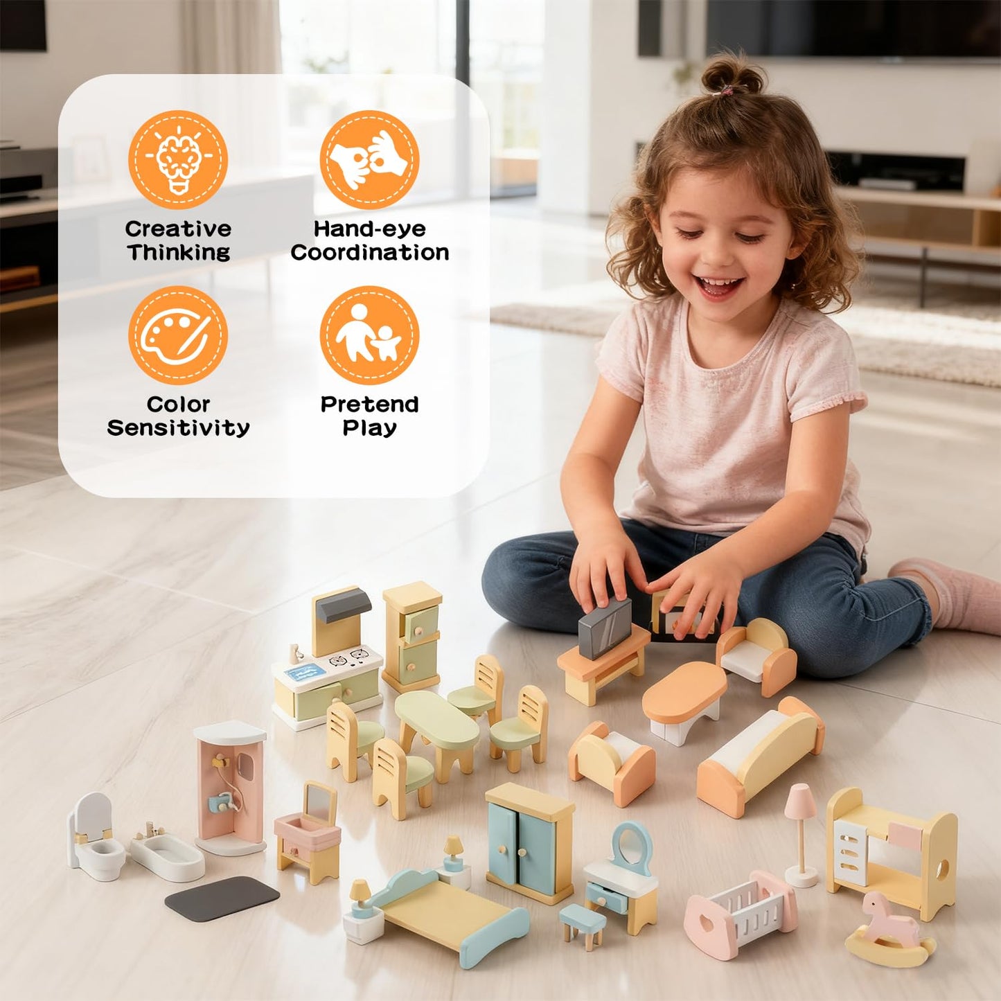 Peccvon 35PCS Wooden Dollhouse Furniture Set with Dolls for 5 Rooms Kits, Doll House Accessories Furniture Toys for Toddlers, Pretend Play Toys Christmas Birthday Gift for Girls and Boys, 3+