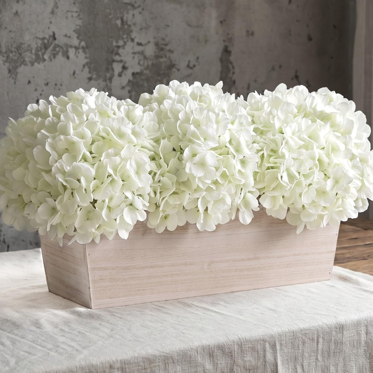 21" Large Artificial Hydrangea Arrangement in Planter for Table Centerpiece, Lifelike Fake Hydrangea Potted Plant, Silk Faux Flowers in Wood Planter for Farmhouse Home Office Shower Decor (White)