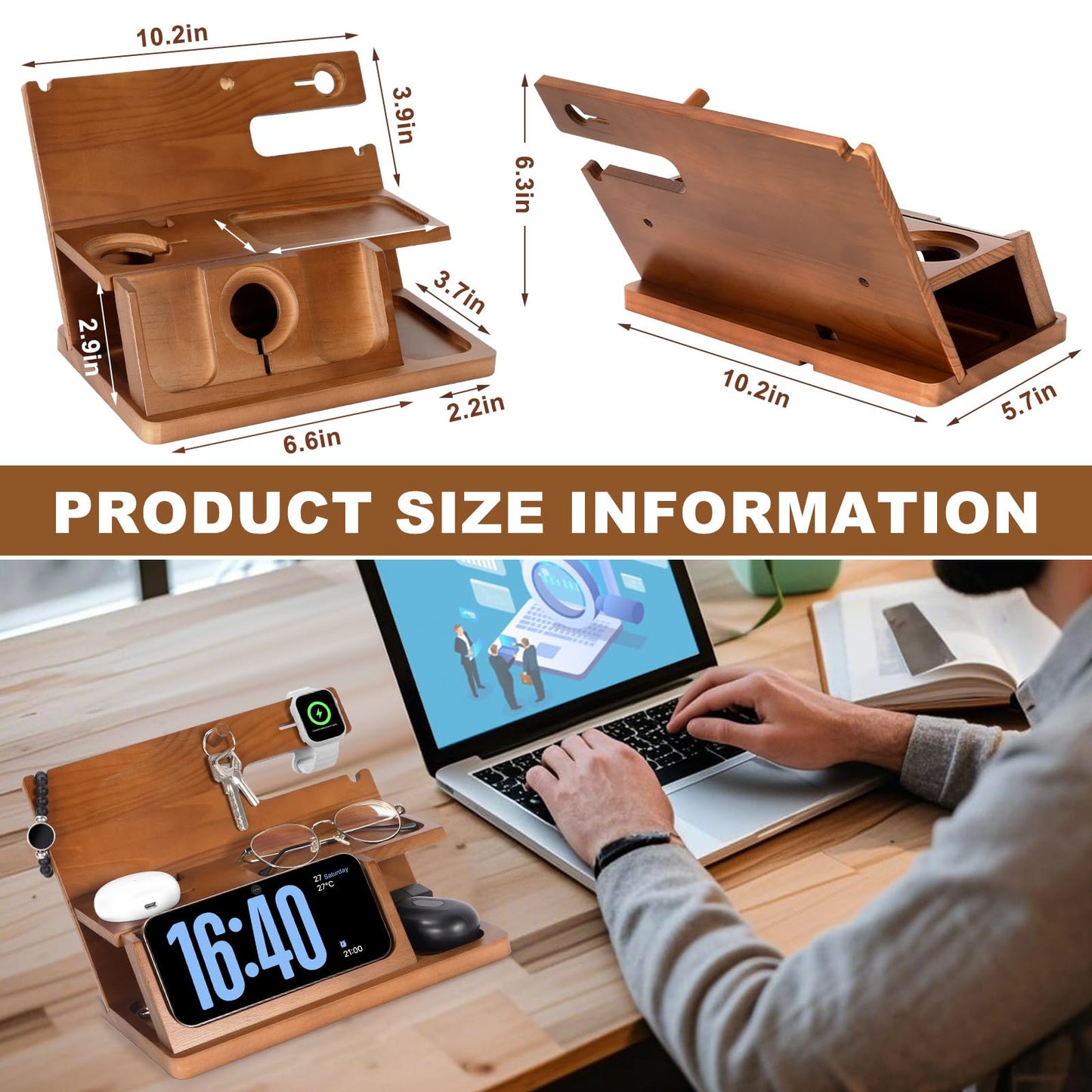 Gifts for Men 3-in-1 Charging Stand Compatible with iPhone 16 Charger Station, Nightstand Organizer Wood, Fathers Day Perfect for Dad Husband Boyfriend Son, for iPhone 16/15/14/13/12 Max Plus, Watch
