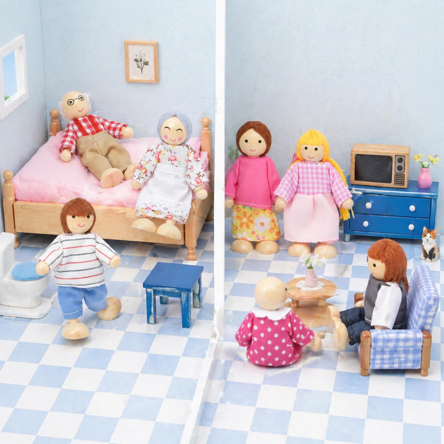 Handlive 7-Piece Wooden Dolls for Dollhouse Family Set, Mini People Figures for Doll House People Role Play