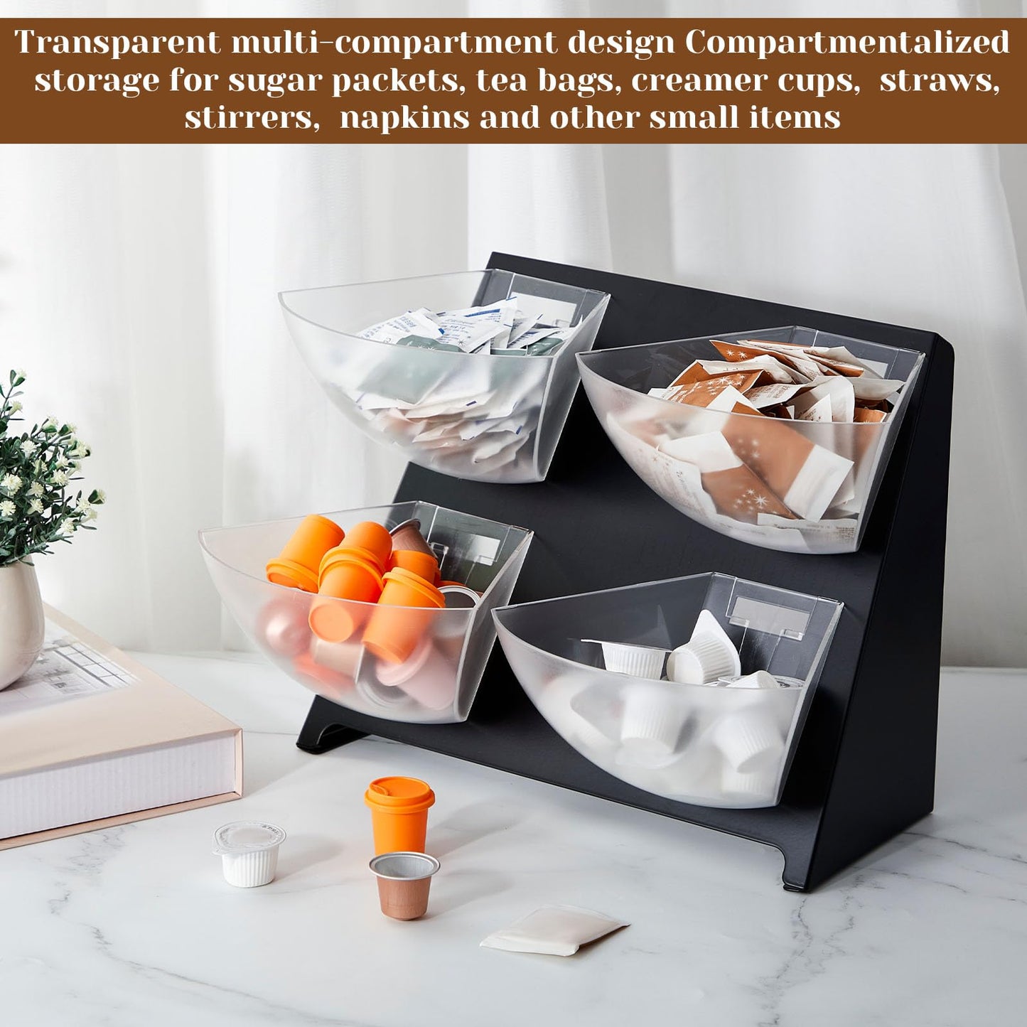 DoubleFill 15.5''x10''x 10.5'' Coffee Condiment Packet Organizer with 4 Removable Compartments Steel Coffee Caddy Station Creamer Sugar Tea Holder for Bar Countertop Office Kitchen Accessories(Black)