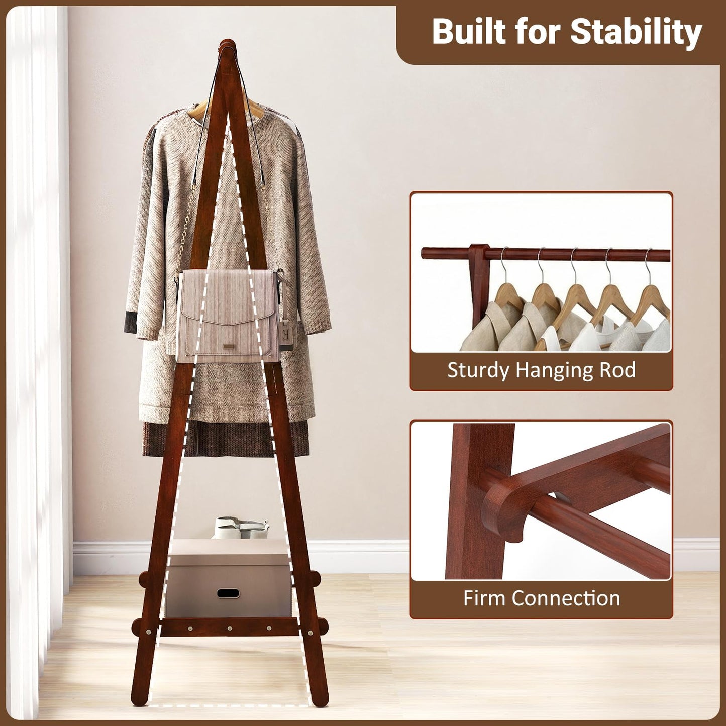 Giantex Folding Clothes Rack, Solid Rubber Wood Clothes Hanging Stand with Storage Shelf for Garments Hats Handbags, Wooden Clothing Rack for Bedroom, Living Room, Entryway