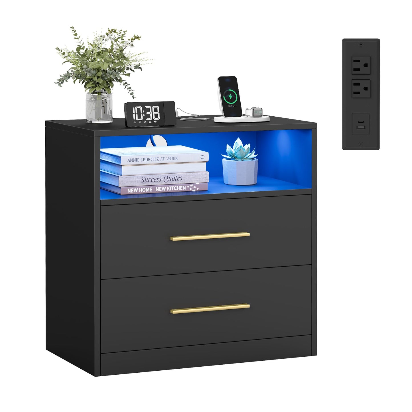 VASAGLE Custos Collection - 23.6 Inch Wide Nightstand with Charging Station, LED Lights, Modern Night Stand, Side End Table with Drawers, Open Shelf, 2 AC Outlets USB Ports, Ink Black ULET639BC01S
