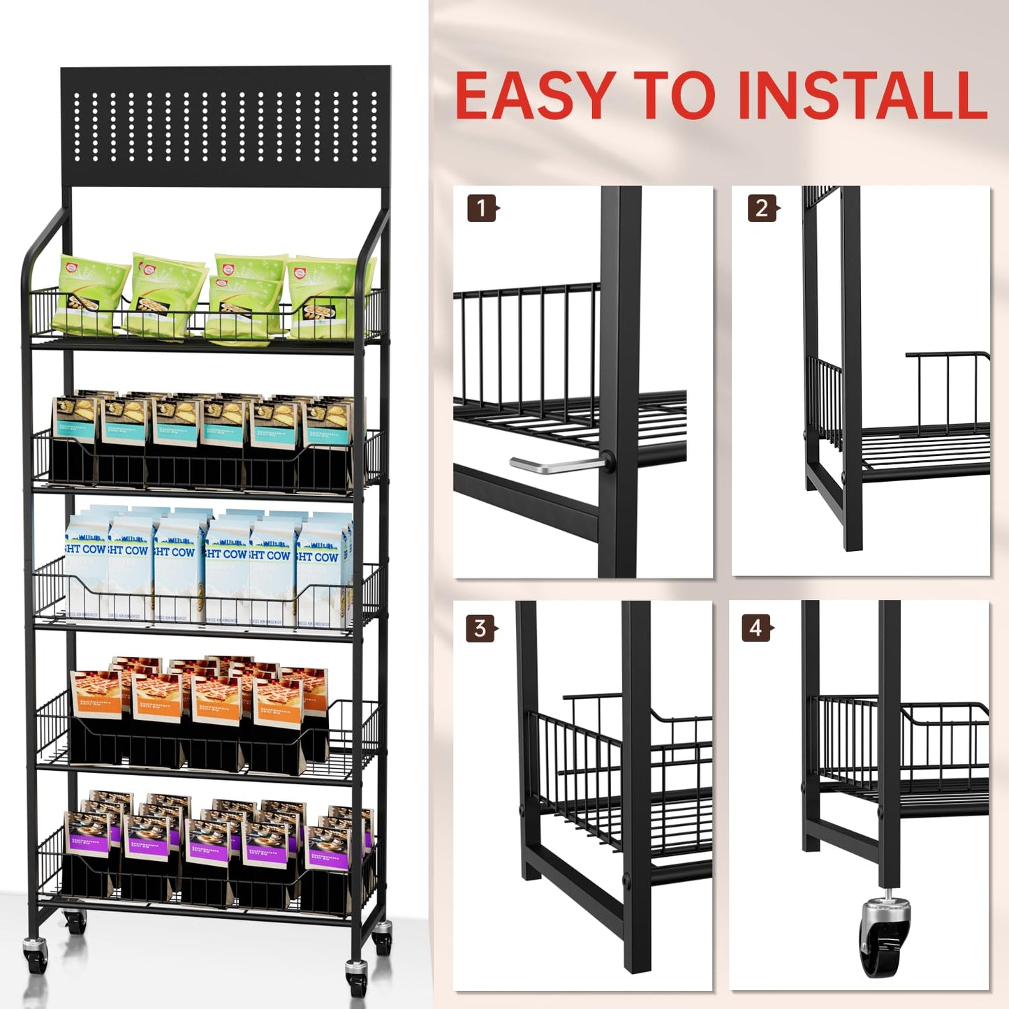 5-Tier Metal Display Rack Large Snack Shelving Unit with Hanging Panels and 12 Hooks 4 Casters for Easy Mobility Freestanding Display Unit Ideal for Supermarkets and Retail Stores (65.23H*23.8W*10.4D)