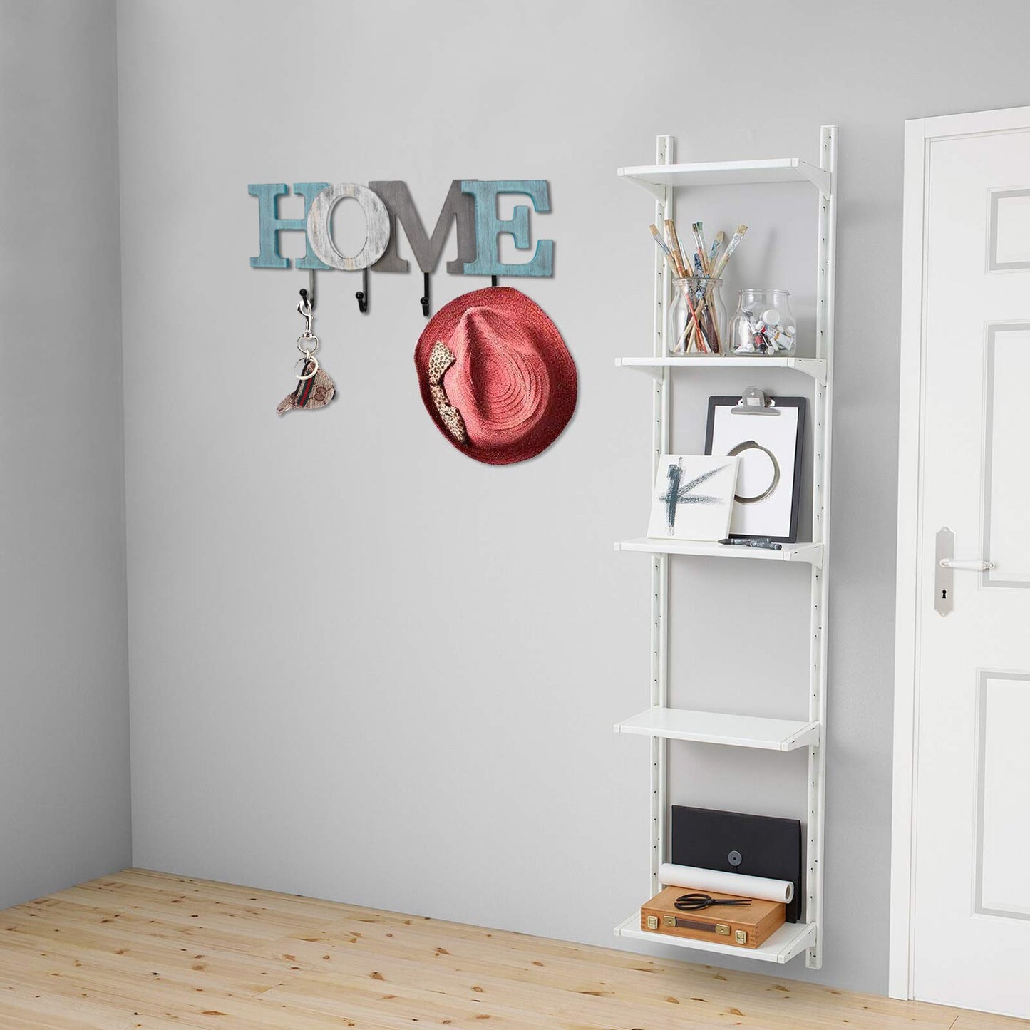 Linfevisi Wooden Home Sign Aqua Hanging Block Letters Sign Rustic Wood Word Decor Home Wall Sign Cutout Word Art Wall Decor Decorative Key Holder Hanger with 4 Hooks (home)