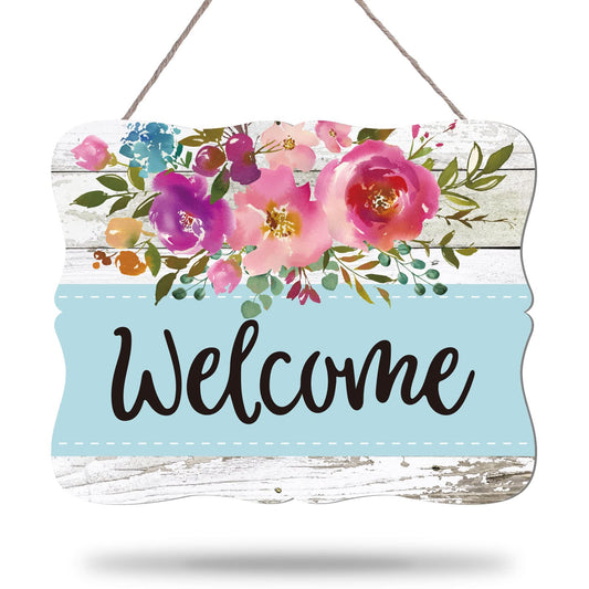 Whaline Floral Wooden Welcome Sign Front Door Decor Watercolor Flower Hanging Sign for Summer Farmhouse Home Coffee Shop Window Wall Decor
