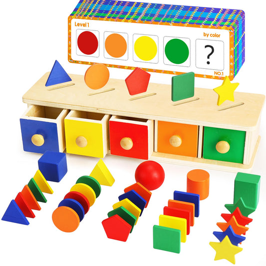 Peacurh Montessori Toys Wooden Color & Shape Sorter Toys for Toddlers, Matching Box Sorting Blocks Manipulatives Preschool Learning Educational Toy for 3 4 Year Old Boy Girl Kid Gifts