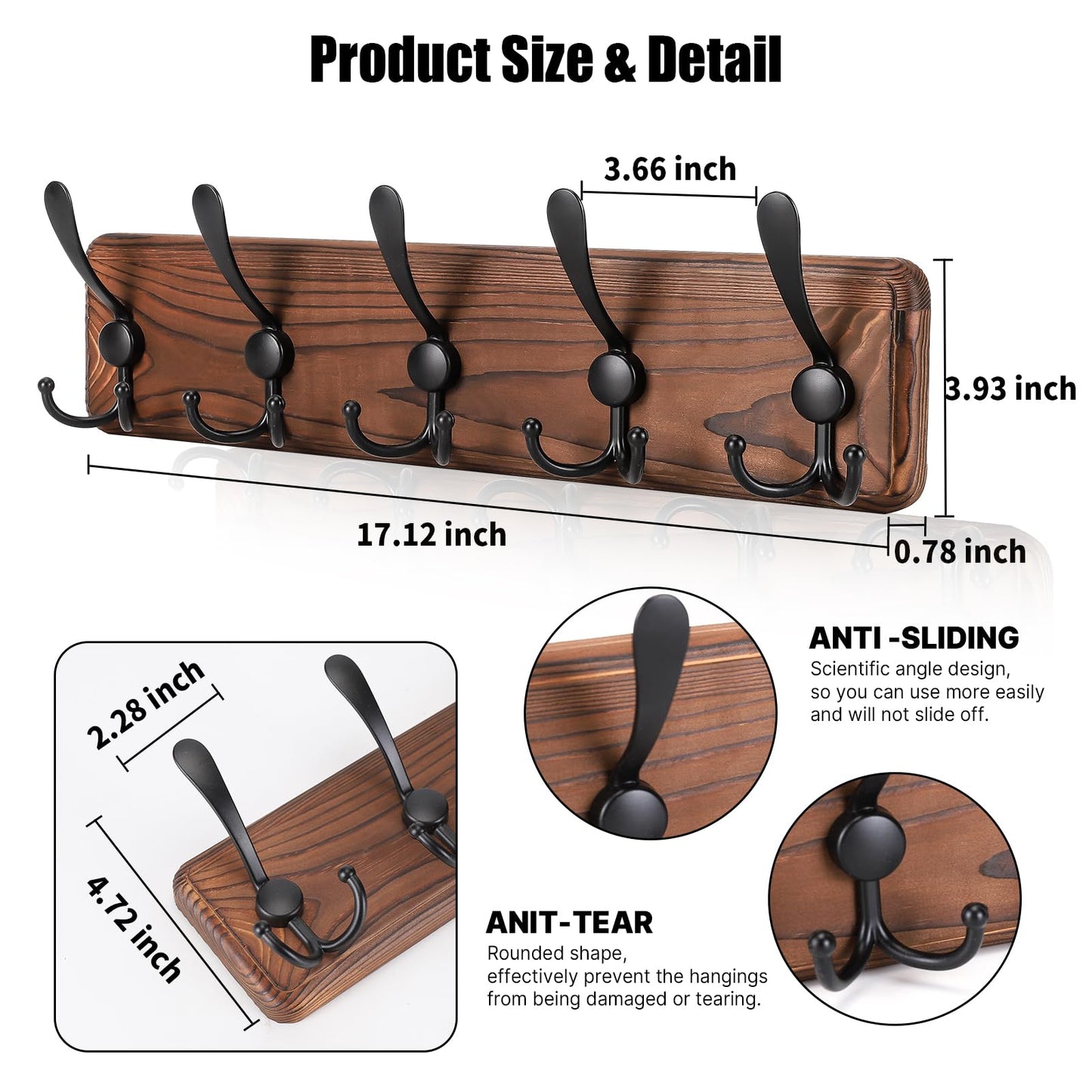 Kruodop Large Coat Rack Wall Mount Coat Hooks Coat Hanger with 5 Metal Black Triple- Hooks Brown Pine Real Wood Plank Hat Rack for Wall Hooks for Hanging Coat Hat Jacket