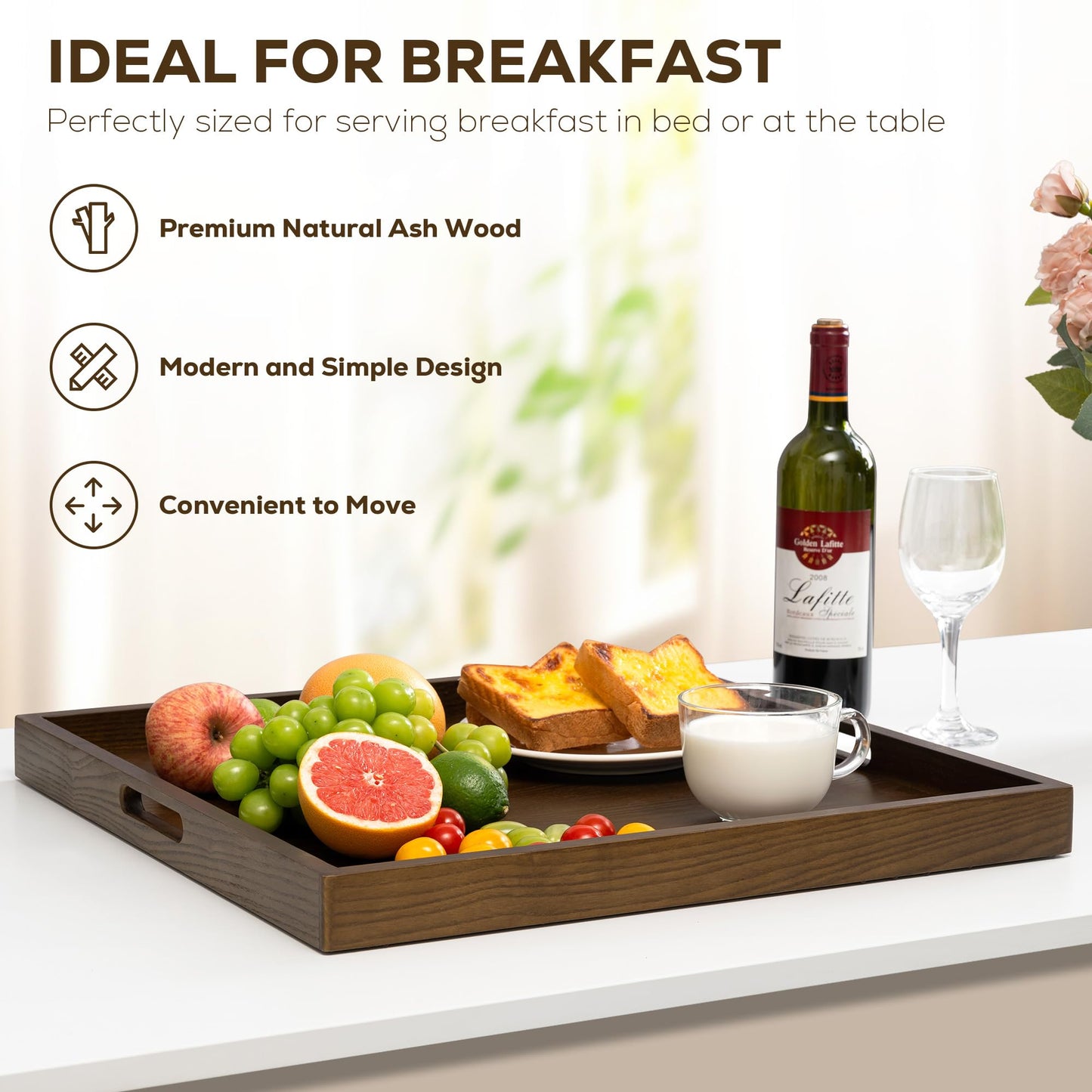 Axeman 24 Inch Large Square Wooden Ottoman Tray for Living Room|Extra Large Serving Tray with Handles for Coffee Table, Breakfast|Decorative Wood Tray for Ottoman Couch Sofa Kitchen|Walnut