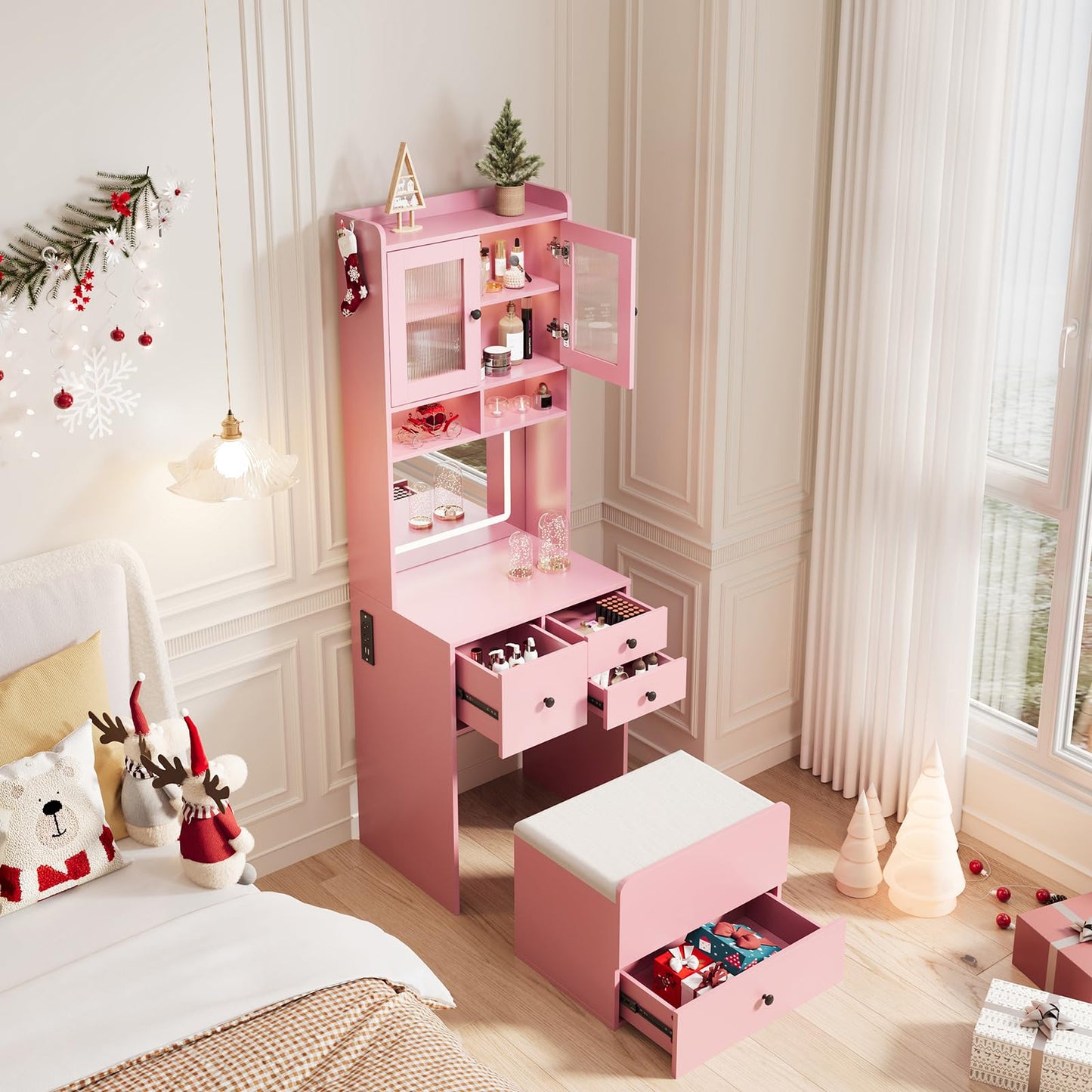 3 in 1 Vanity Desk with LED Light, Tall Makeup Vanity Set with 2 AC Outlets & USB-C, Dressing Table with Storage Drawers & Acrylic Doors, Nightstand Vanity Mirror, Jewelry Box, Cushioned Chair
