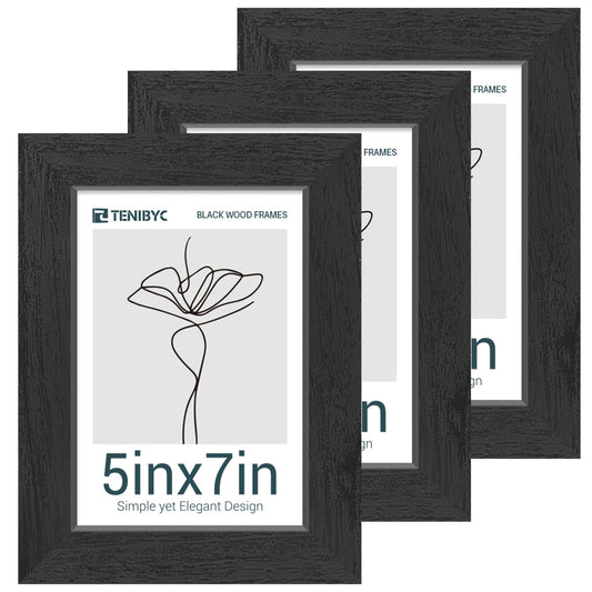 TENIBYC 5x7 Picture Frames Set - 3 Pack - Black Solid Wood Poster Frame - Tempered Glass - Exclusive Woodgrain - Rooms, Offices, Gallery, Studio, and Hallway, Wall Display Decor
