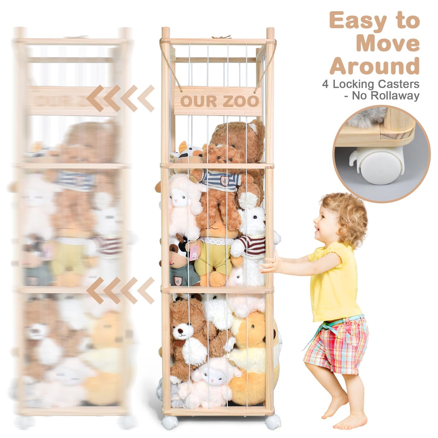Stuffed Animal Storage, Wooden Cute Zoo Toy Holder with Brake Wheels, Space Save Toy Organizer, Large Capacity Stuffed Animal Holder, Perfect for Nursery Playroom Kidroom Bedroom-54 Inch