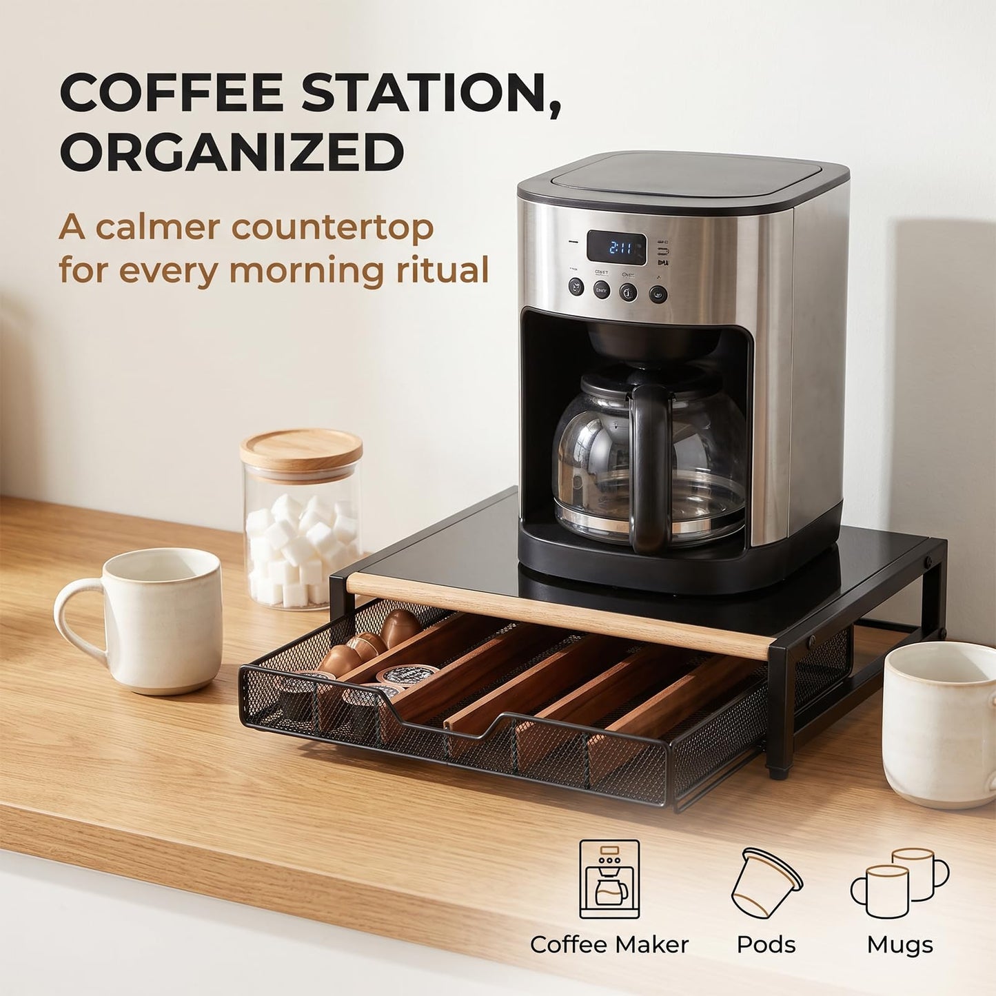 WILDMOS Coffee Pod Drawer,Coffee Station Organizer for Coffee Pod Storage,Movable Solid Wood Partition Board, Counter Coffee Bar Accessories for Nespresso Pods,Cream, Spoon, Sugar（Black)
